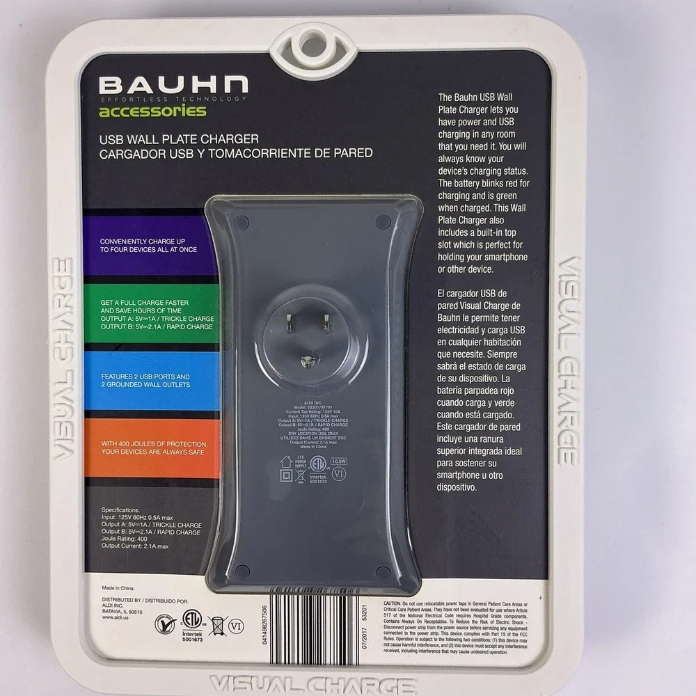 BAUHN USB Wall Plate Charger 2 Outlets 2 USB Port Rapid Charging Surge Protected